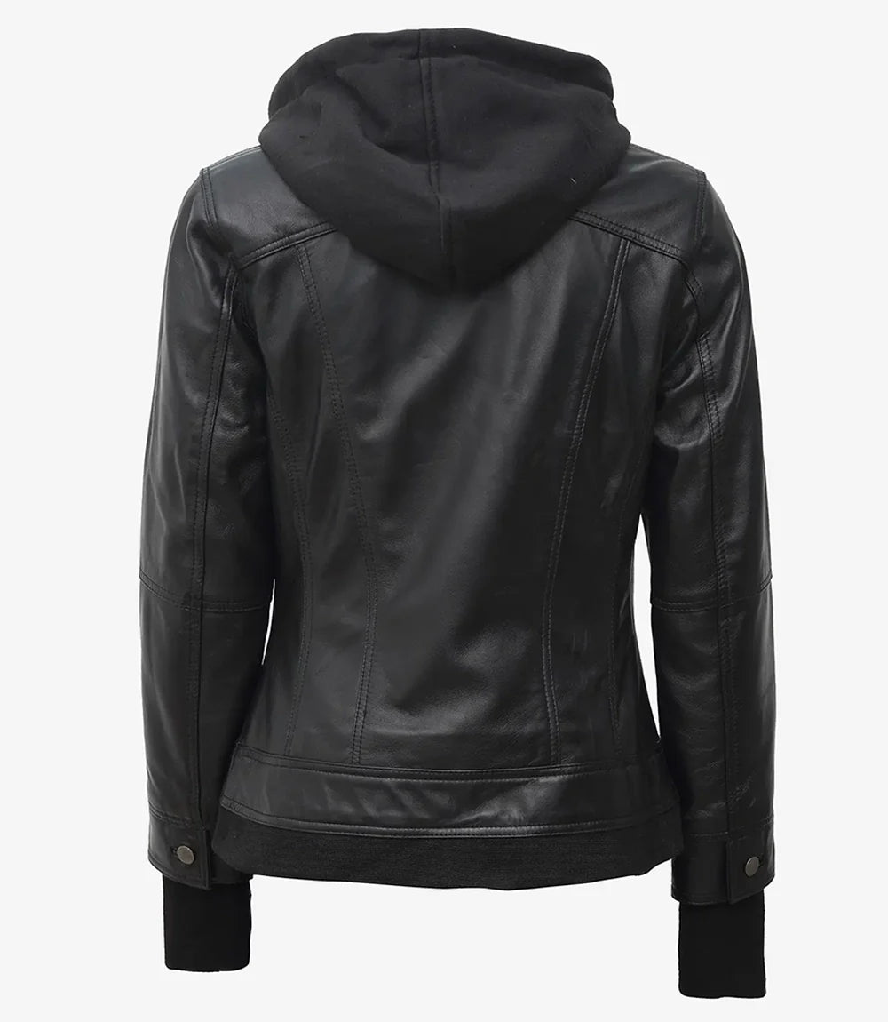 Real Leather Womens Black Bomber Jacket with Removable Hood