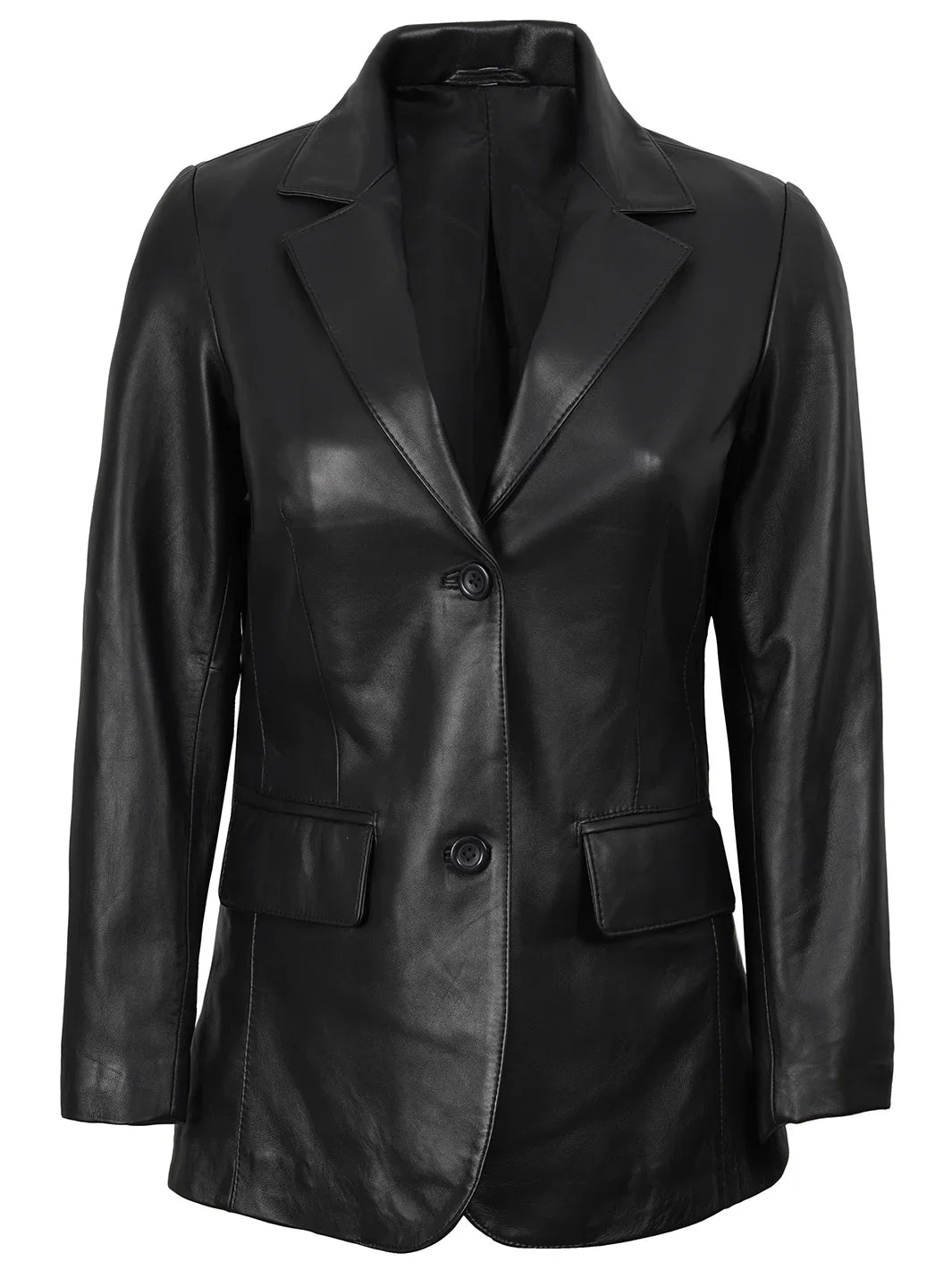 Women's Black Two-Button Real Leather Blazer
