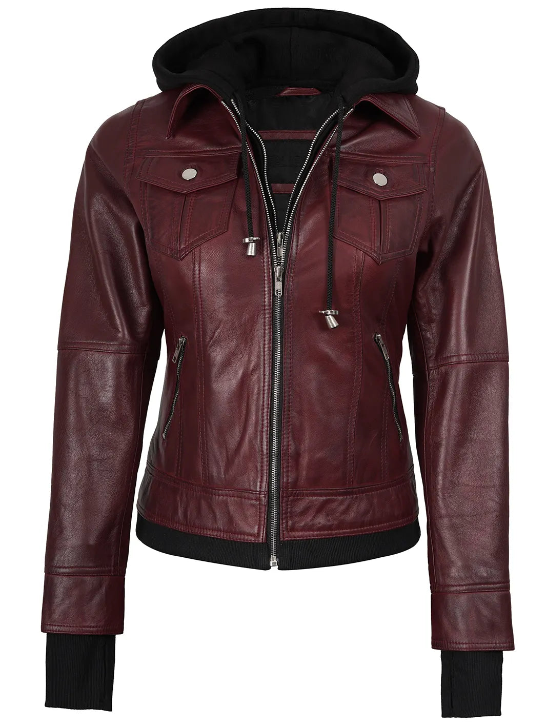 Real Leather Women's Bomber Burgundy Jacket with Hood