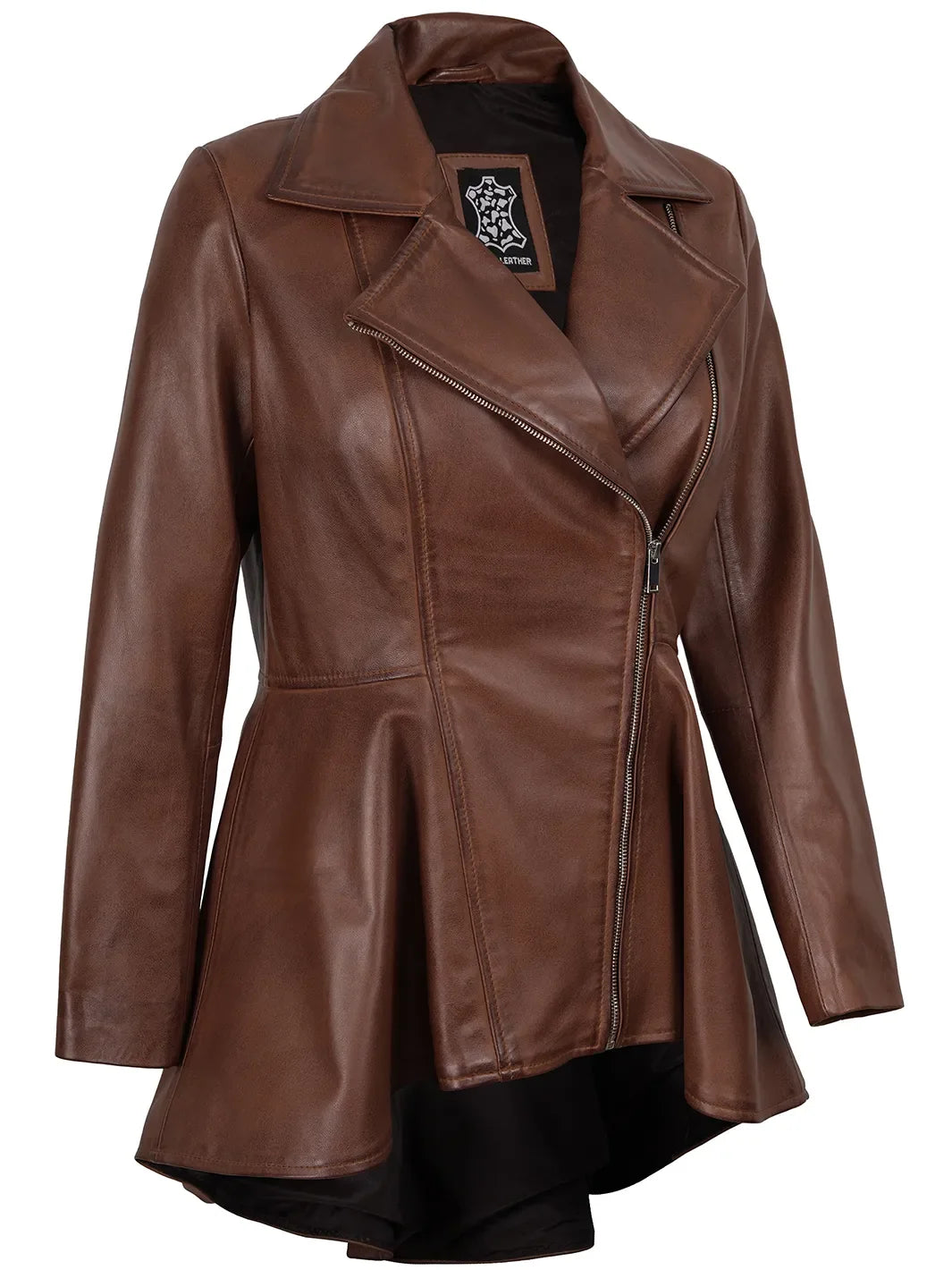 Clarissa Womens Cognac Brown Peplum Leather Jacket