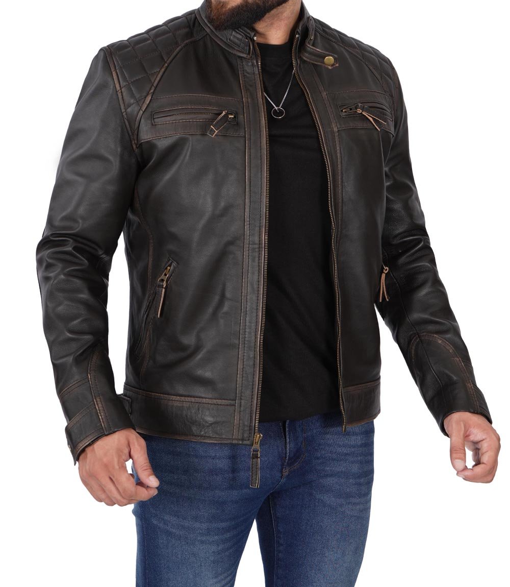 Men's Cafe Racer Rub-Off Brown Leather Jacket