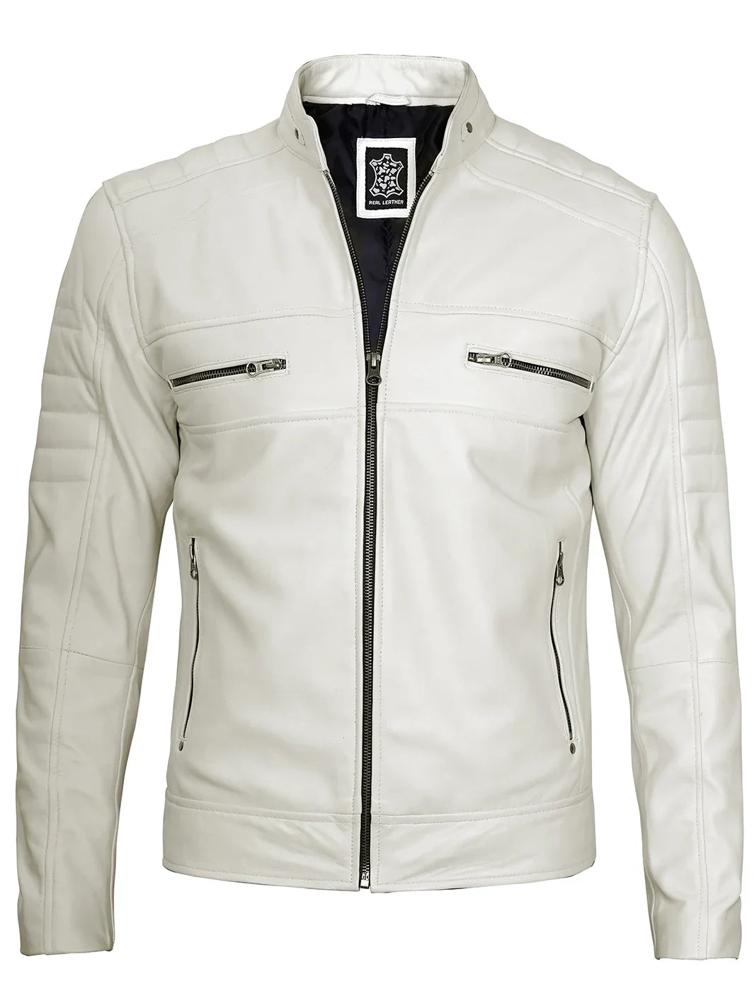 Mens Off White Cafe Racer Real Leather Jacket