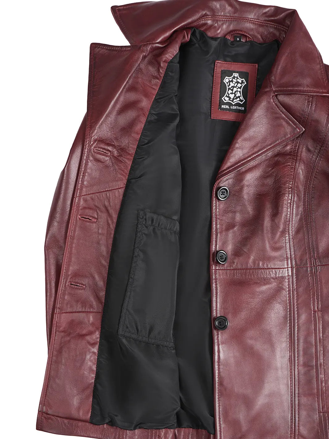 Women's Real Leather Burgundy Blazer with Three Button