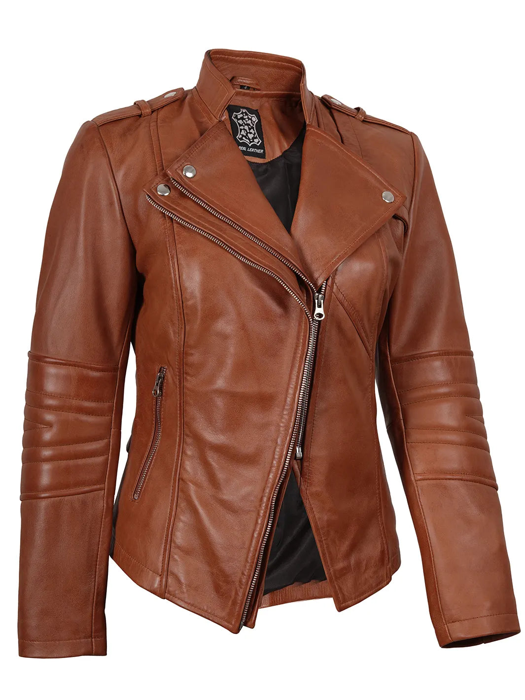 Monica Women's Tan Brown Leather Biker Style Jacket