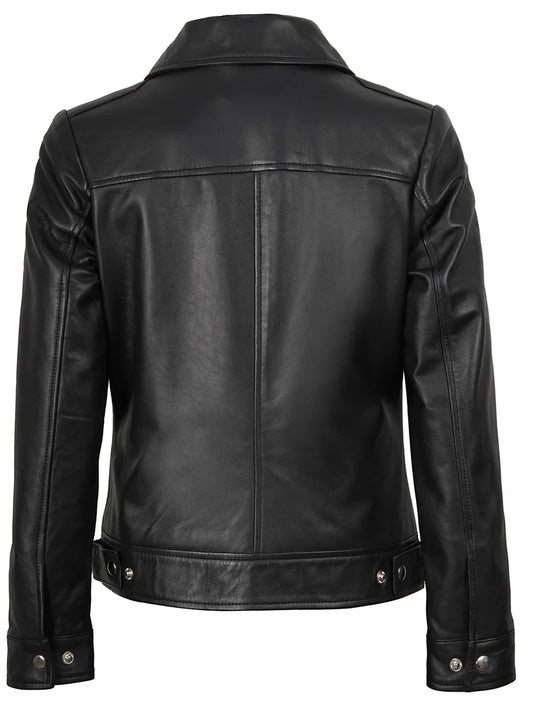 Women's Harrington Style Black Real Leather Jacket