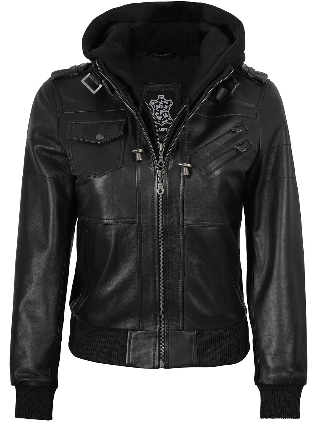Real Leather Women's Bomber Black Jacket with Removable Hood