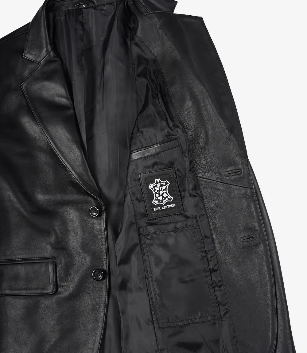 Real Leather Men's Notch Lapel Two Button Black Blazer Jacket