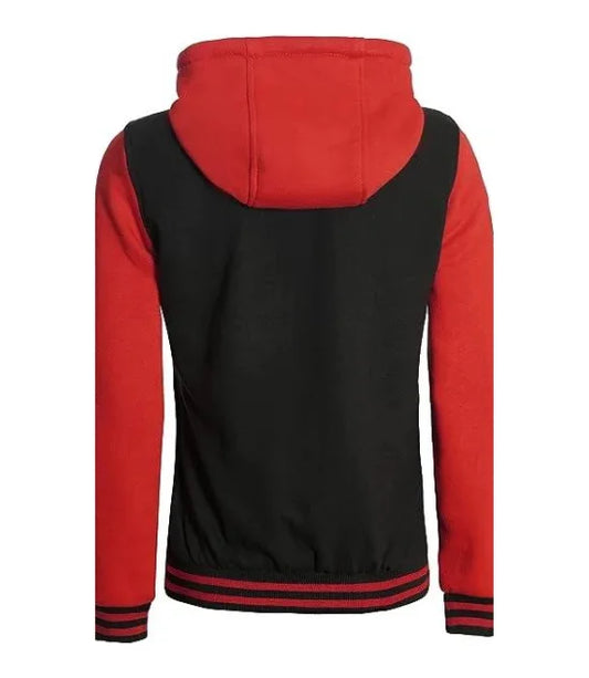 Women's Red and Black Varsity Letterman Jacket with Hood