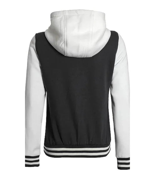 Women's Black and White Varsity Letterman Jacket with Hood