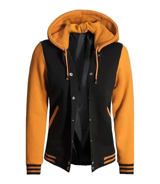 Women's Black and Yellow Varsity Letterman Jacket with Hood