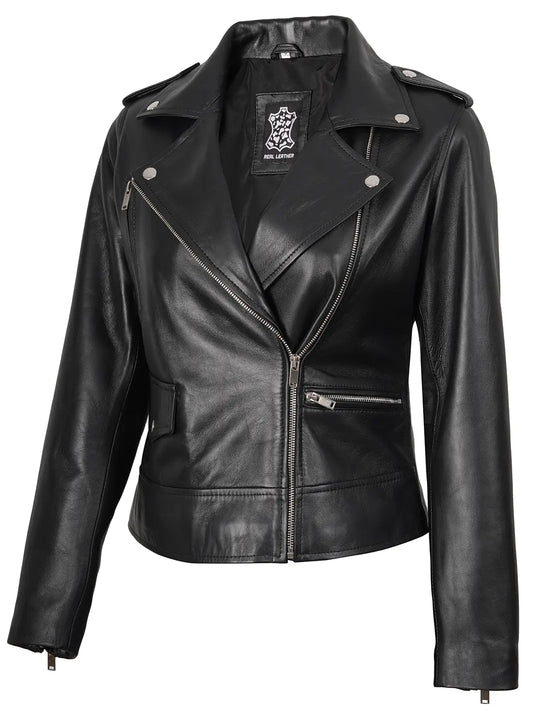 Amber Womens Asymmetrical Black Biker Style Leather Jacket