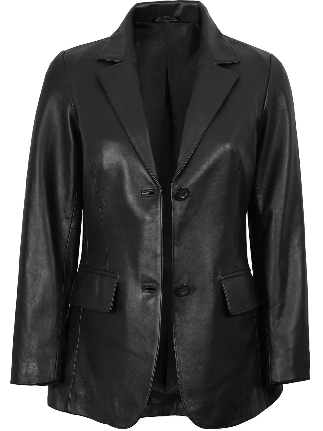 Women's Black Two-Button Real Leather Blazer
