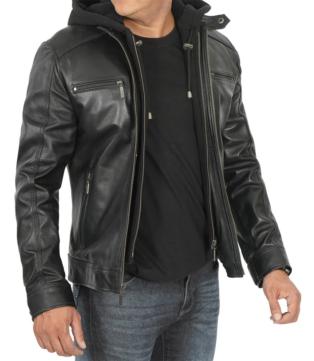 Merrill Men's Black Hooded Leather Jacket