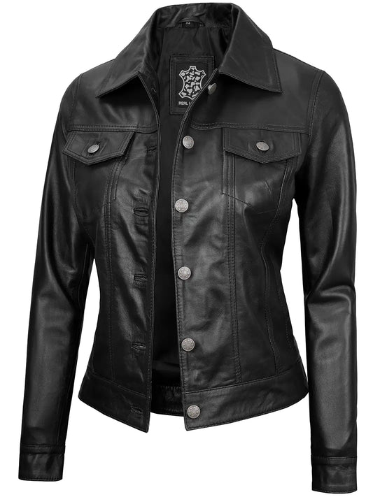 Fernando Women's Black Leather Trucker Jacket