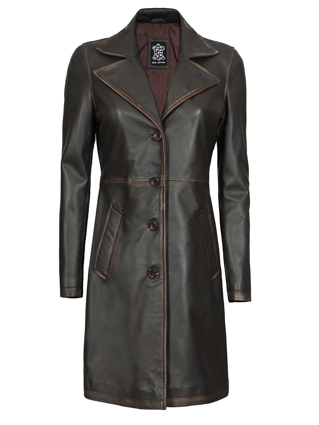 Bryson Women's Rub Off Dark Brown Leather Long 3/4 Coat