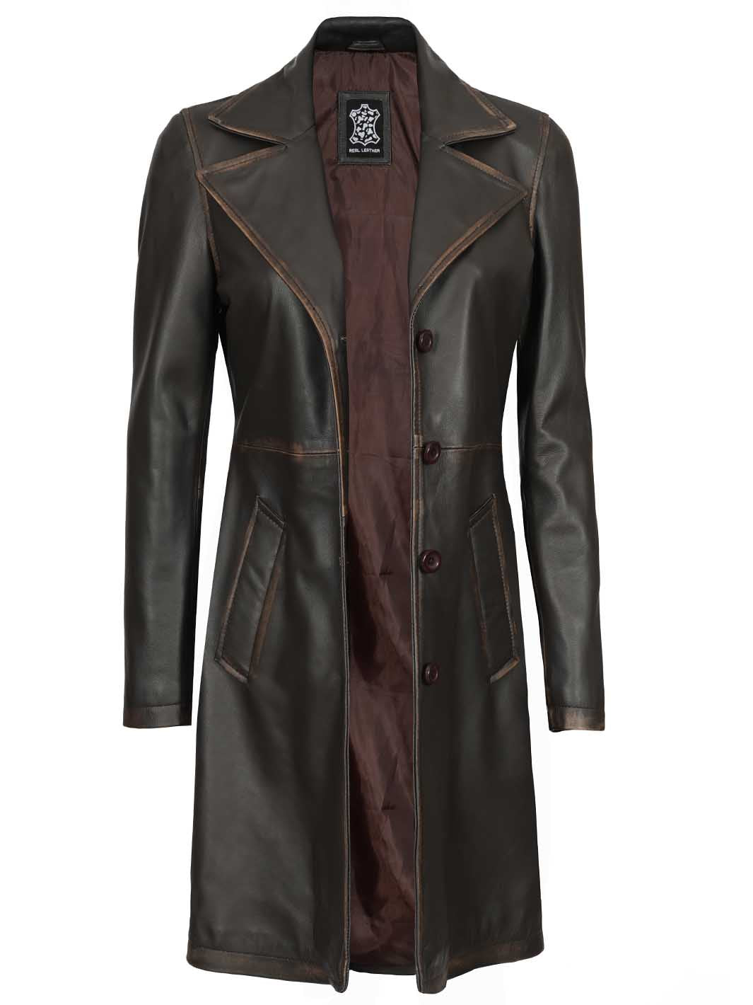 Bryson Women's Rub Off Dark Brown Leather Long 3/4 Coat
