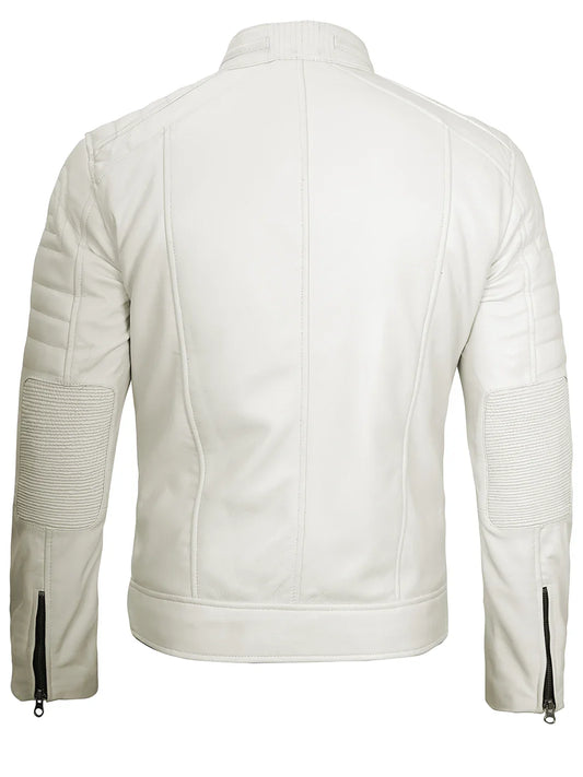 Mens Off White Cafe Racer Real Leather Jacket