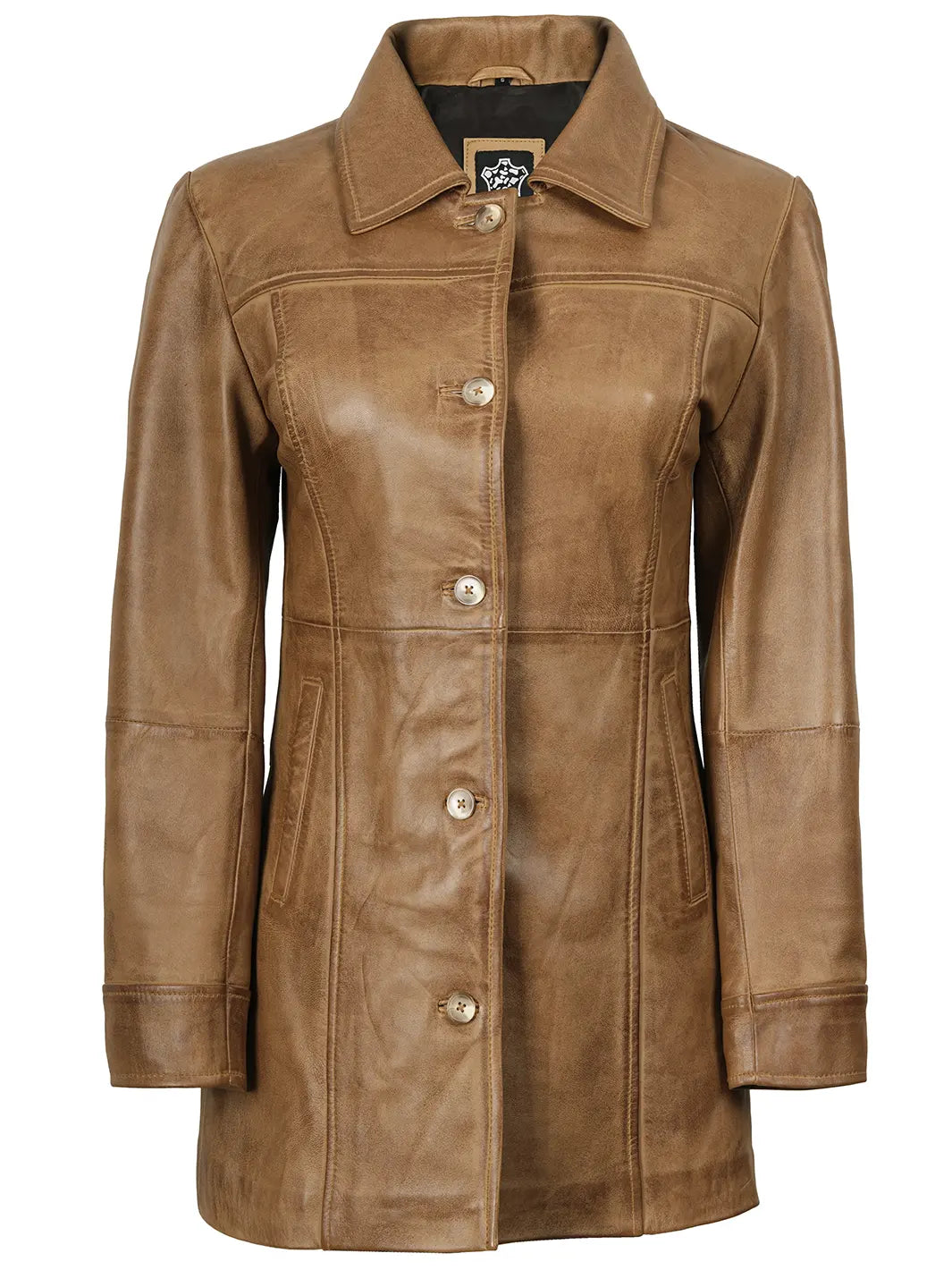 Kandis Womens Camel Brown Real Leather Car Coat