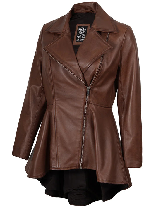 Clarissa Womens Cognac Brown Peplum Leather Jacket