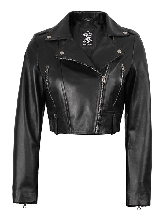 Colleen Women’s Cropped Black Biker Style Leather Jacket