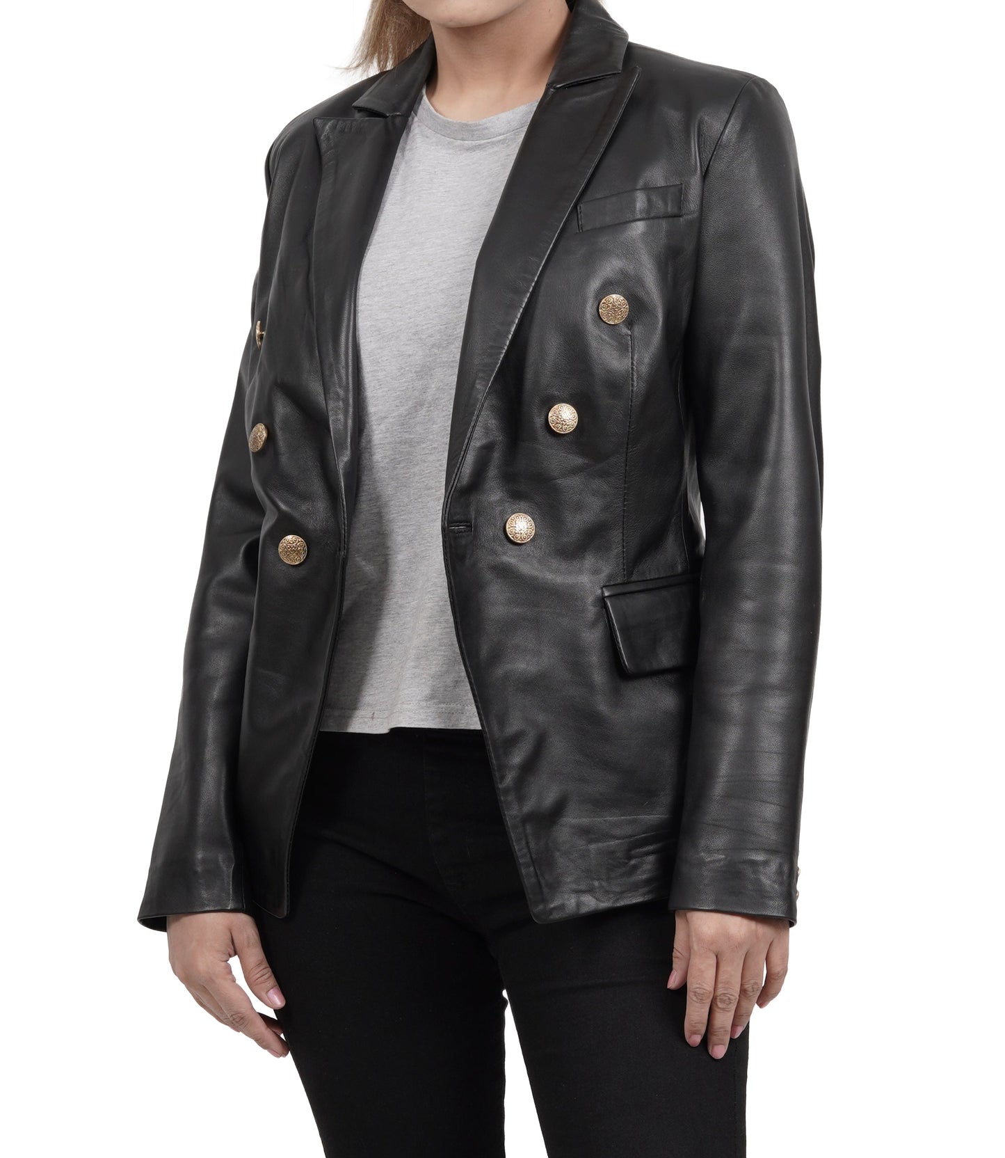Kim Women's Black Double Breasted Leather Blazer