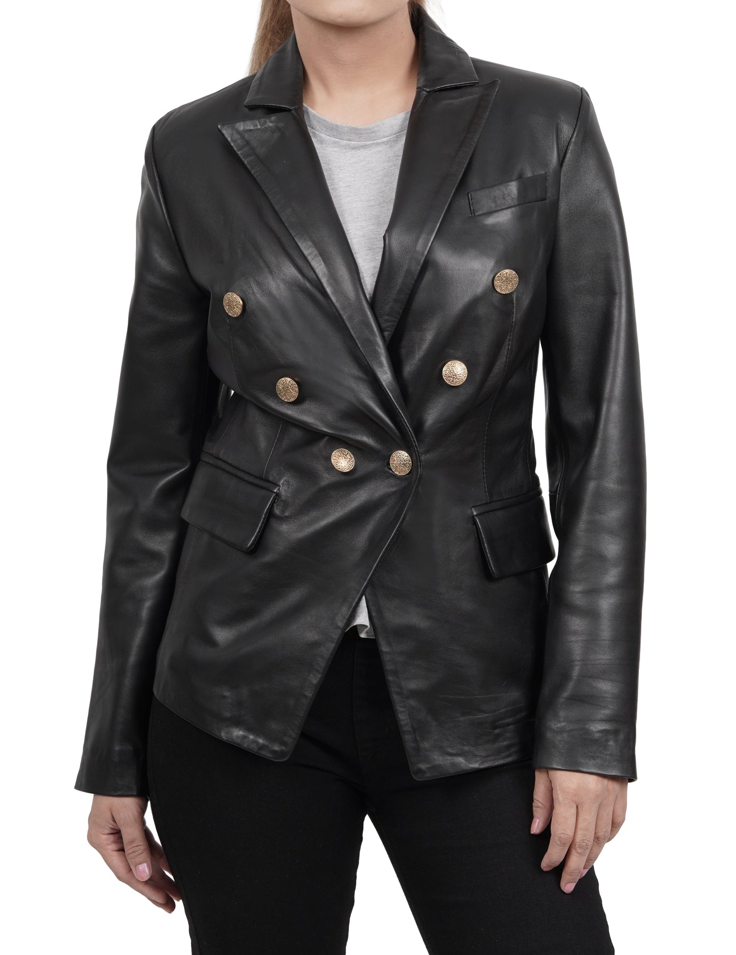 Kim Women's Black Double Breasted Leather Blazer