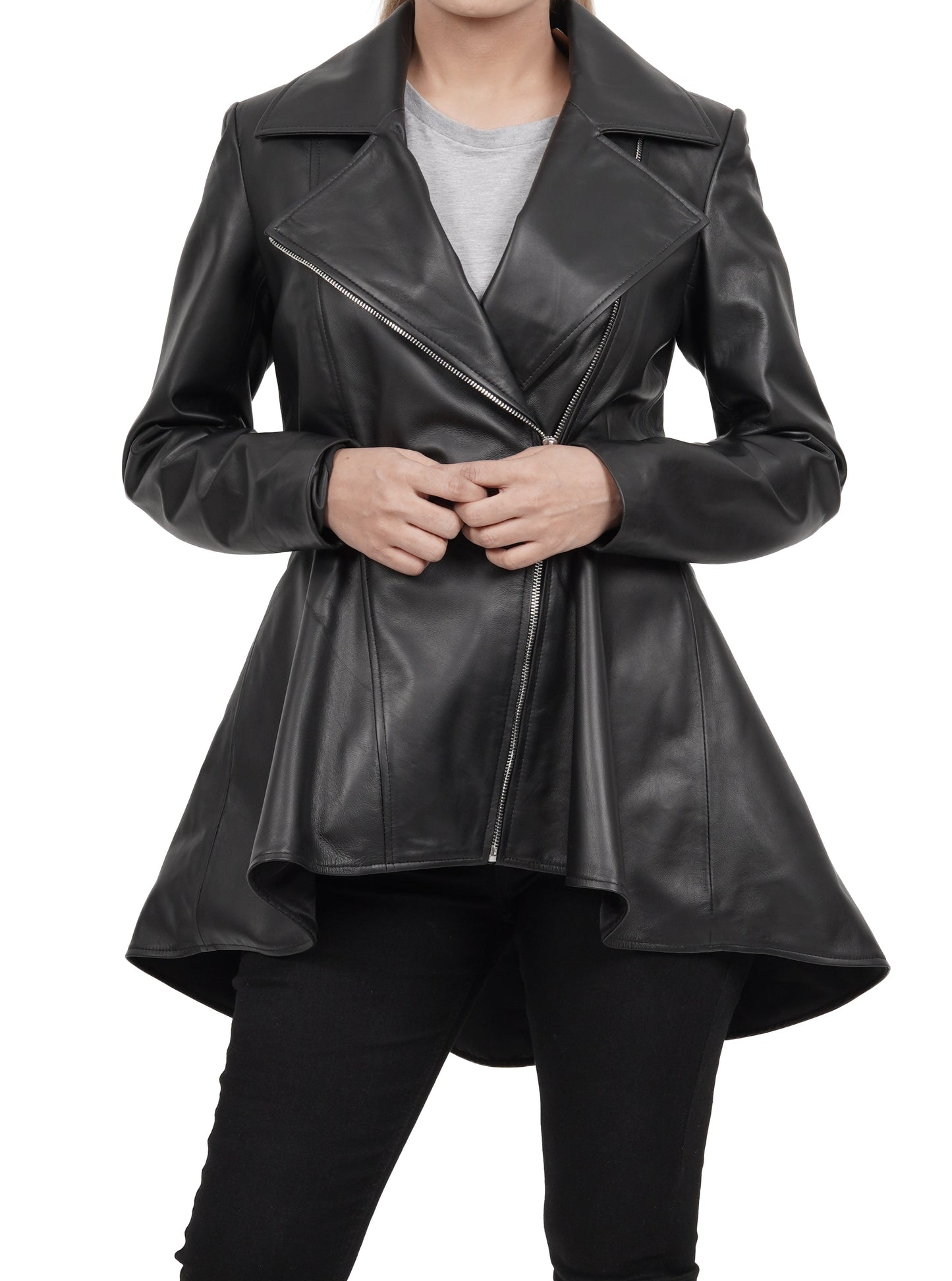 Clarissa Womens Black Asymmetrical Peplum Leather Jacket