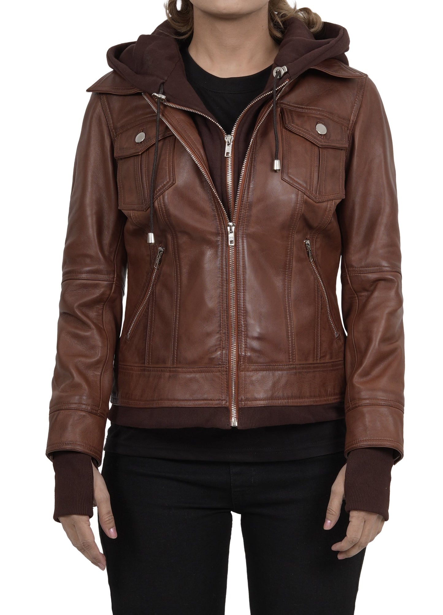 Dark Brown Women's Bomber Jacket with Removable Hood