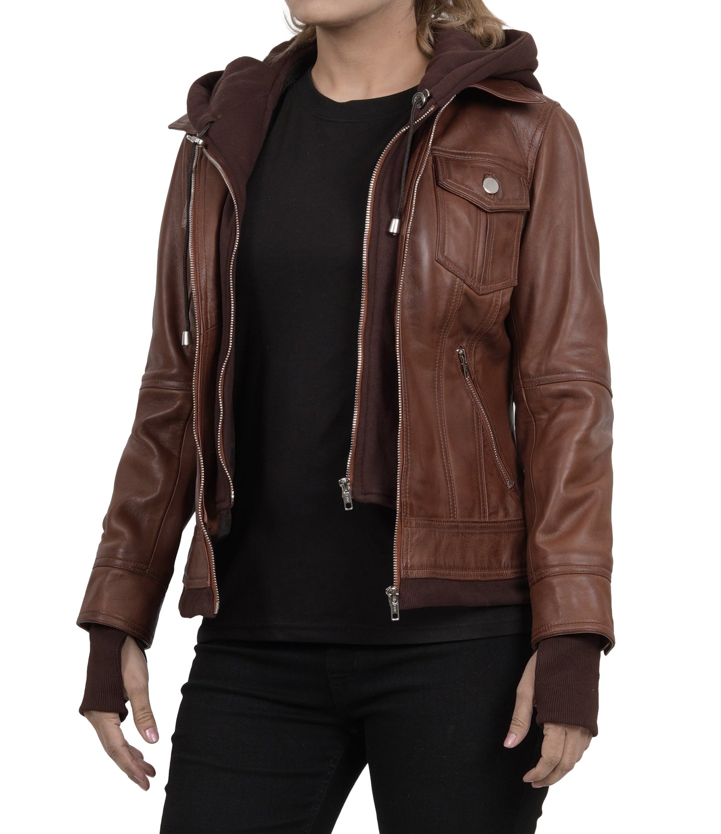 Dark Brown Women's Bomber Jacket with Removable Hood