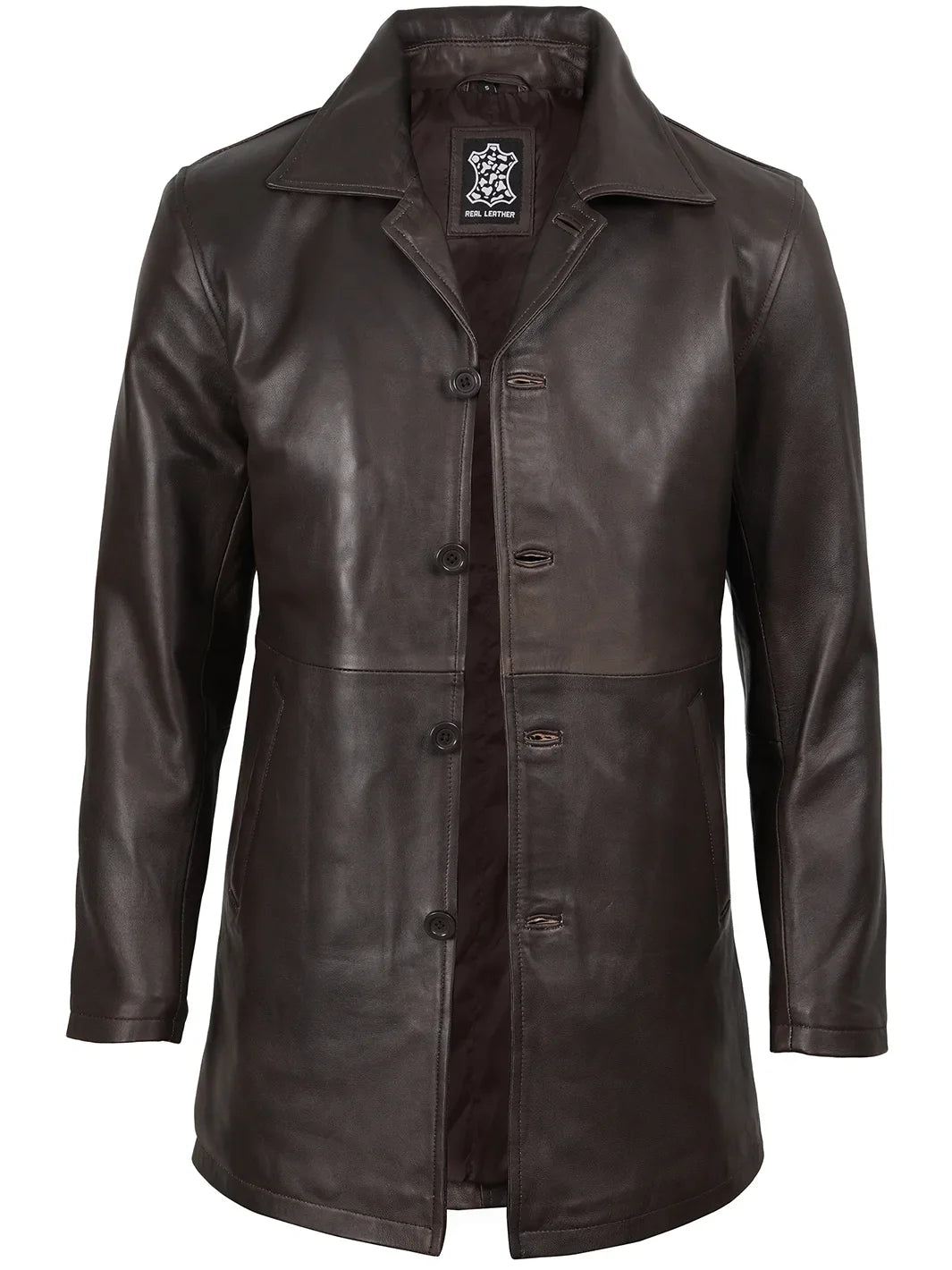 Men's Distressed Dark Brown Real Leather Car Coat