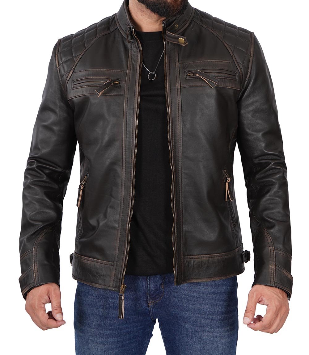 Men's Cafe Racer Rub-Off Brown Leather Jacket