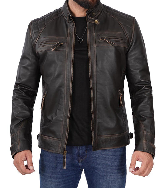 Men's Cafe Racer Rub-Off Brown Leather Jacket