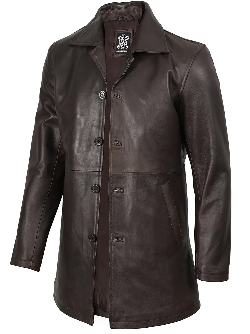Men's Distressed Dark Brown Real Leather Car Coat