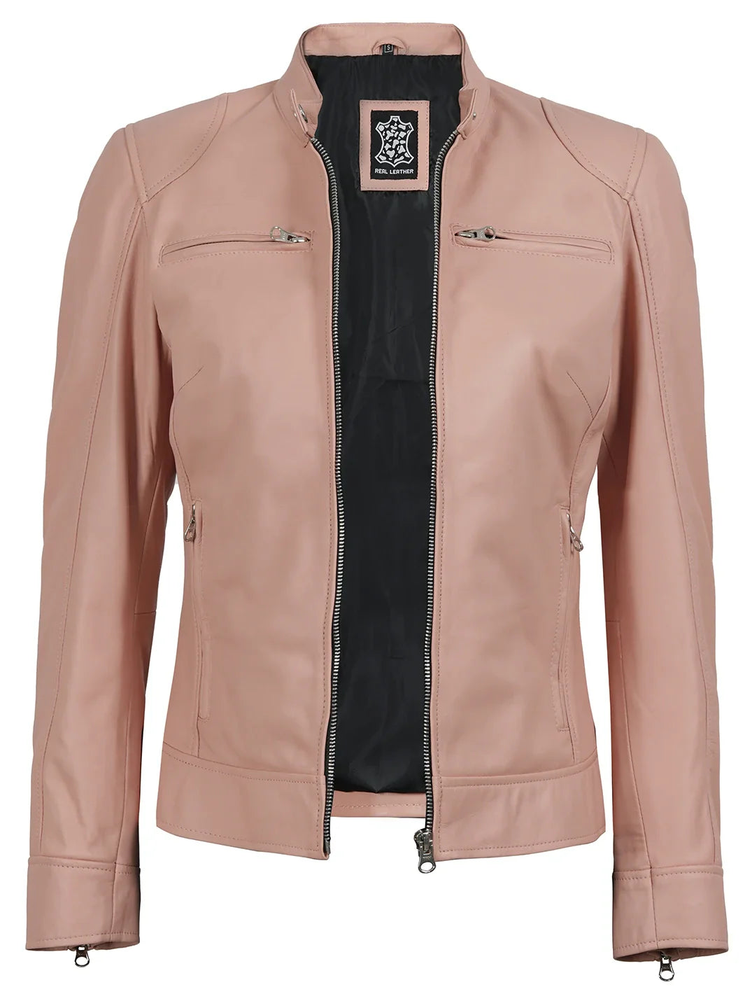 Dodge Women Light Pink Biker Style Leather Jacket