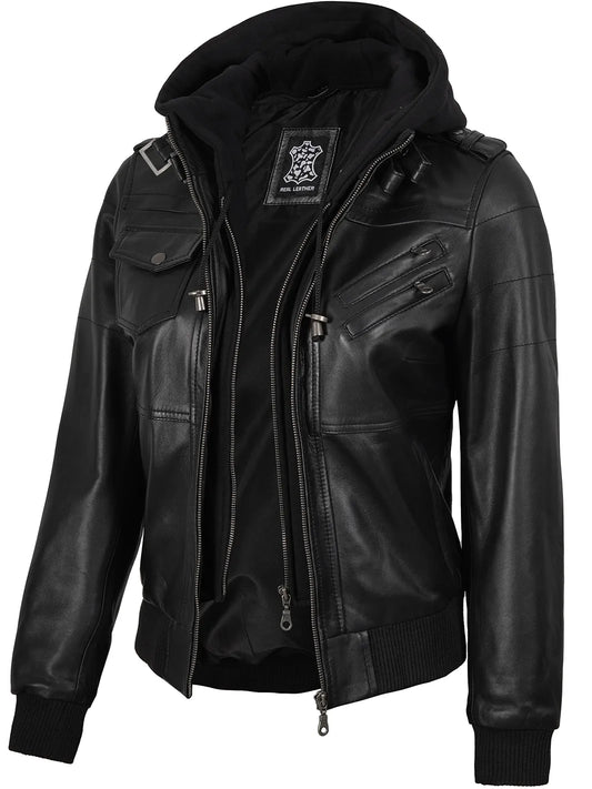 Real Leather Women's Bomber Black Jacket with Removable Hood