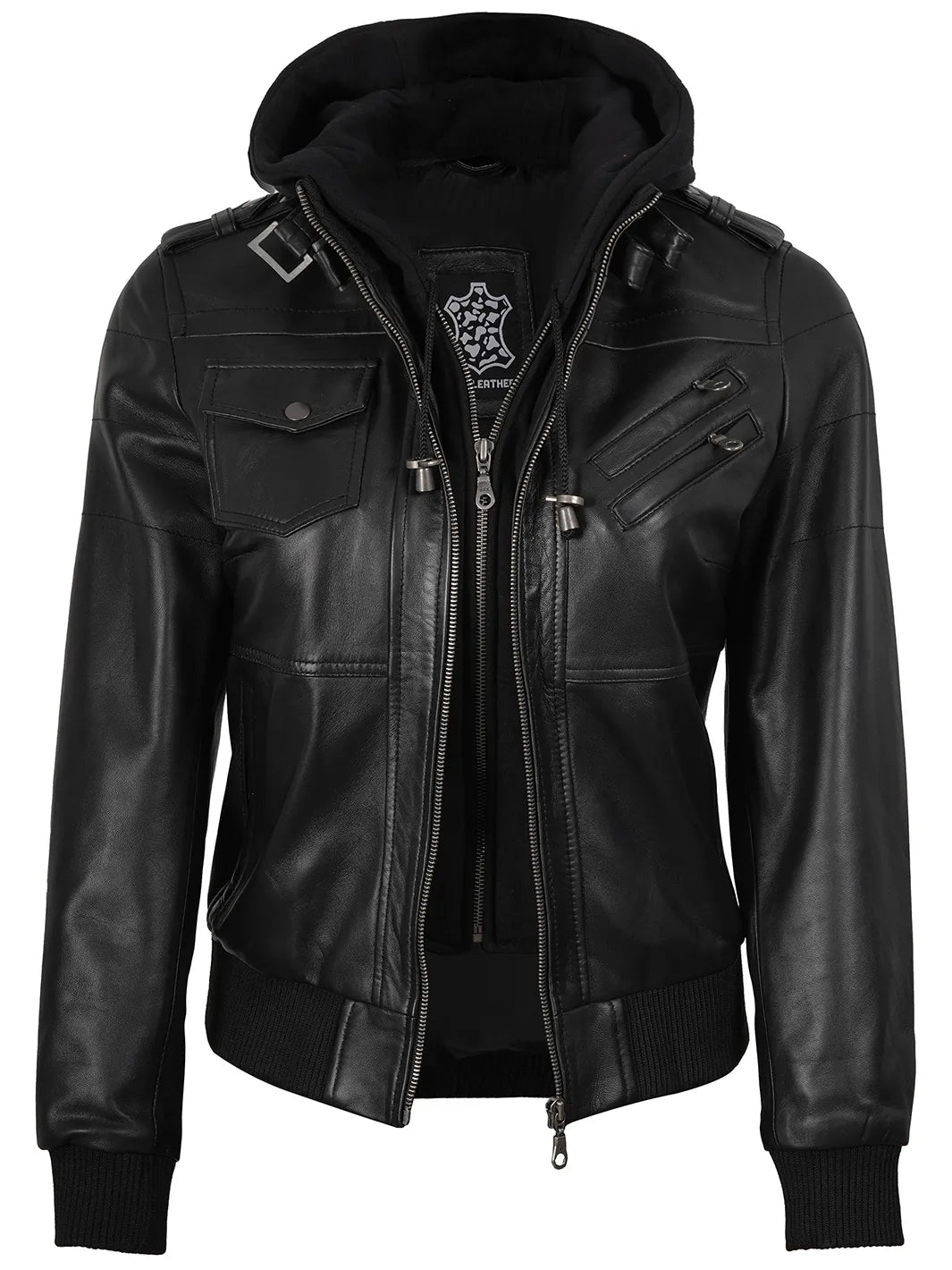 Real Leather Women's Bomber Black Jacket with Removable Hood