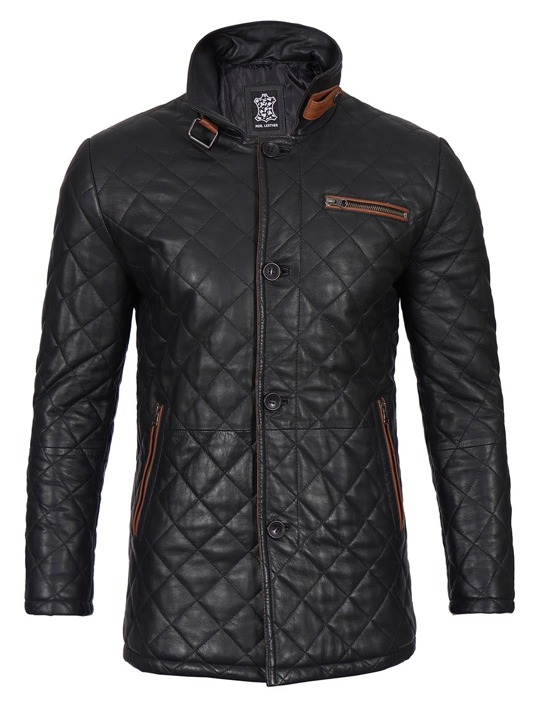Glen Mens Black Quilted Leather Car Coat