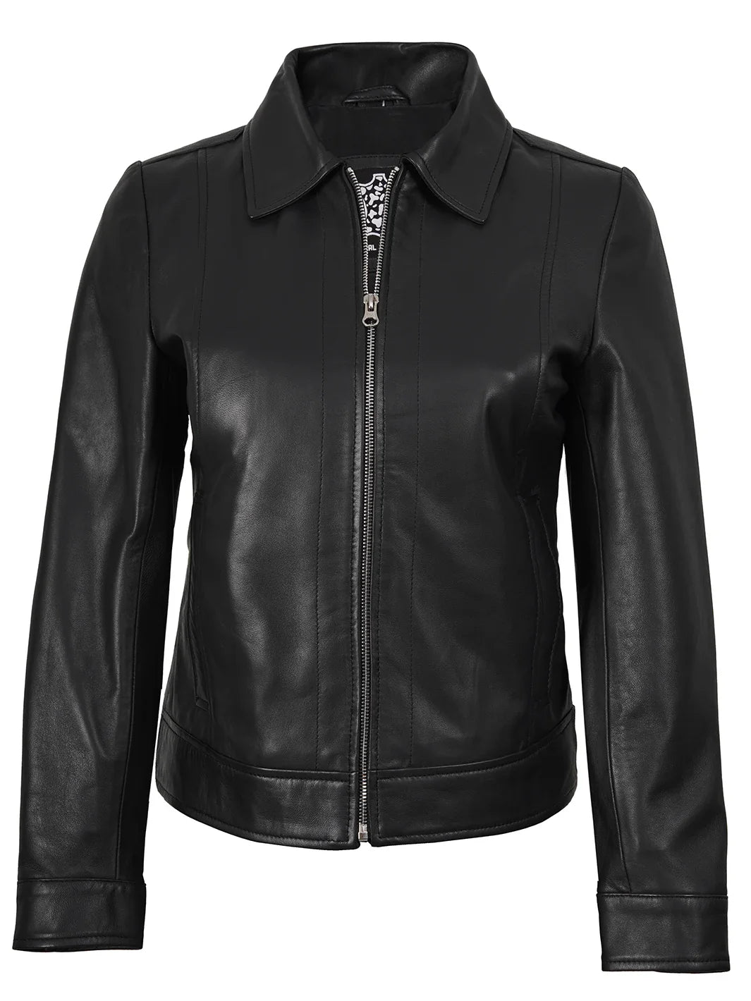 Women's Harrington Style Black Real Leather Jacket