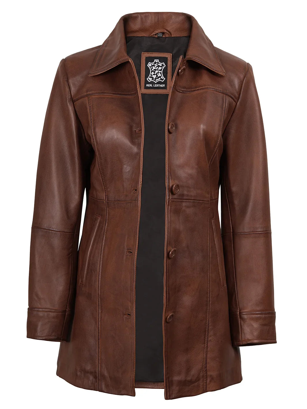 Kandis Women's Cognac Brown Leather Car Coat
