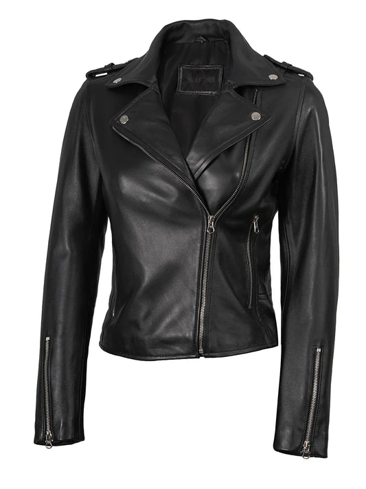 Kirsten Women's Black Asymmetrical Leather Biker Style Jacket