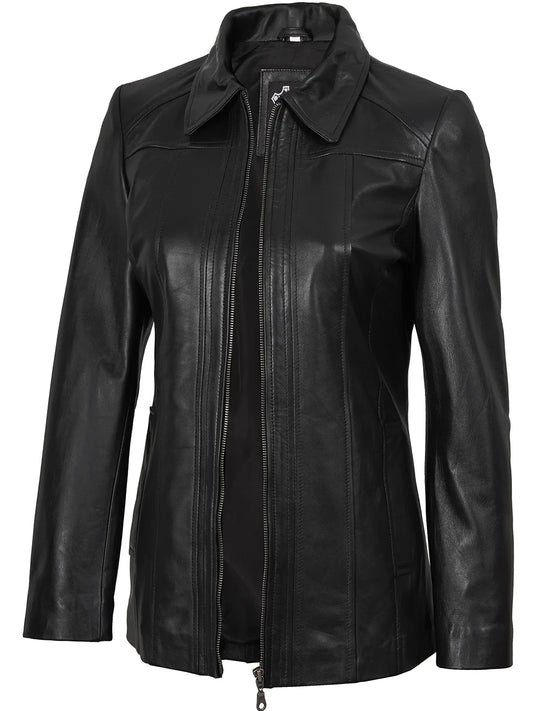 Marsha Women's Real Leather Black Car Coat