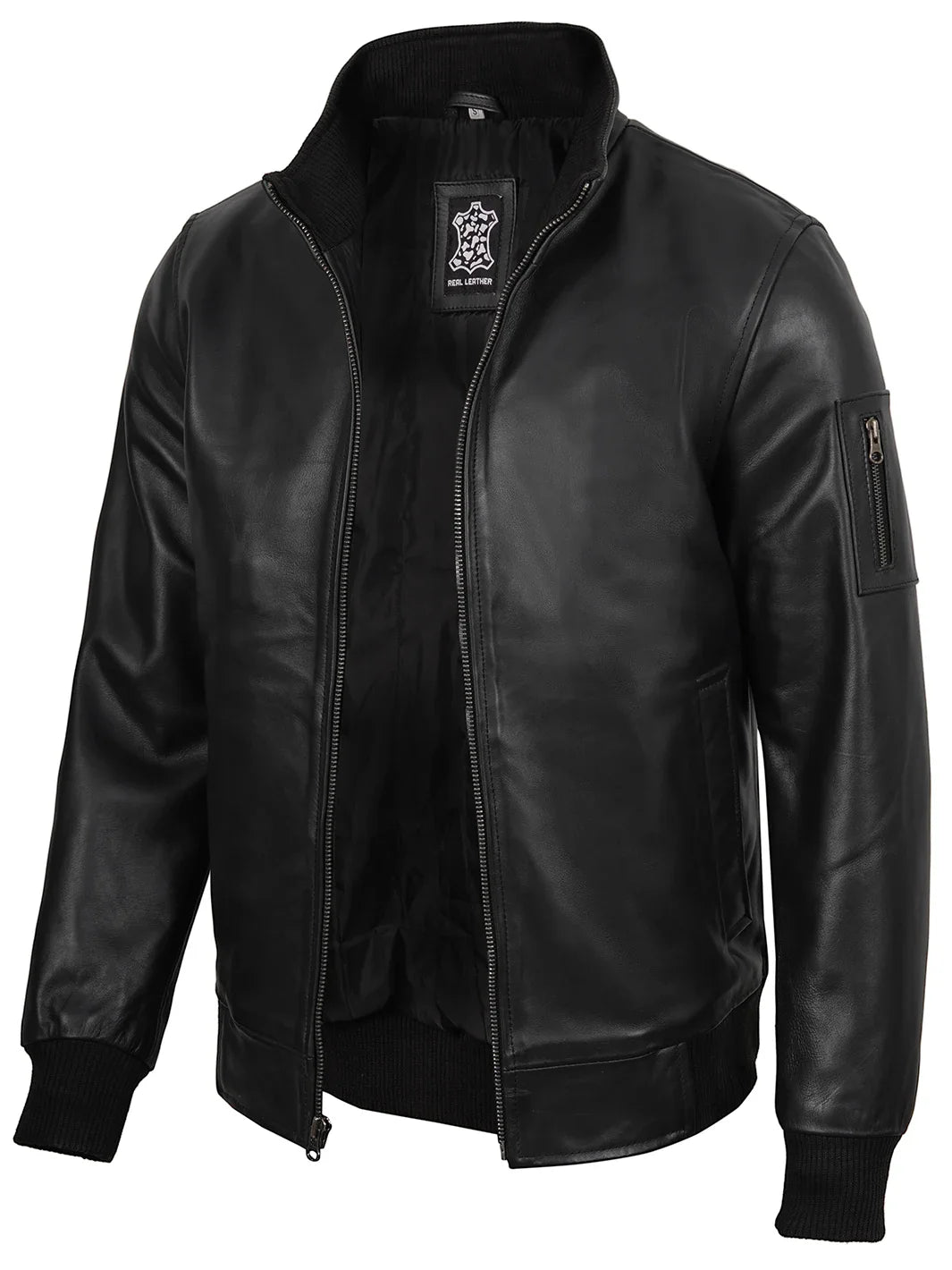 Mens Black Real Cowhide Leather Bomber Jacket