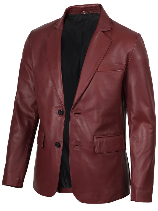 Men's Burgundy Real Leather Blazer