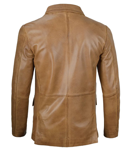 Mens Two Button Camel Brown Leather Blazer