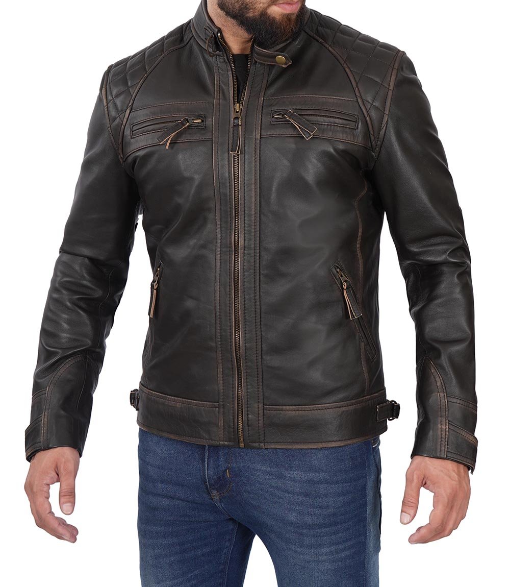 Men's Cafe Racer Rub-Off Brown Leather Jacket