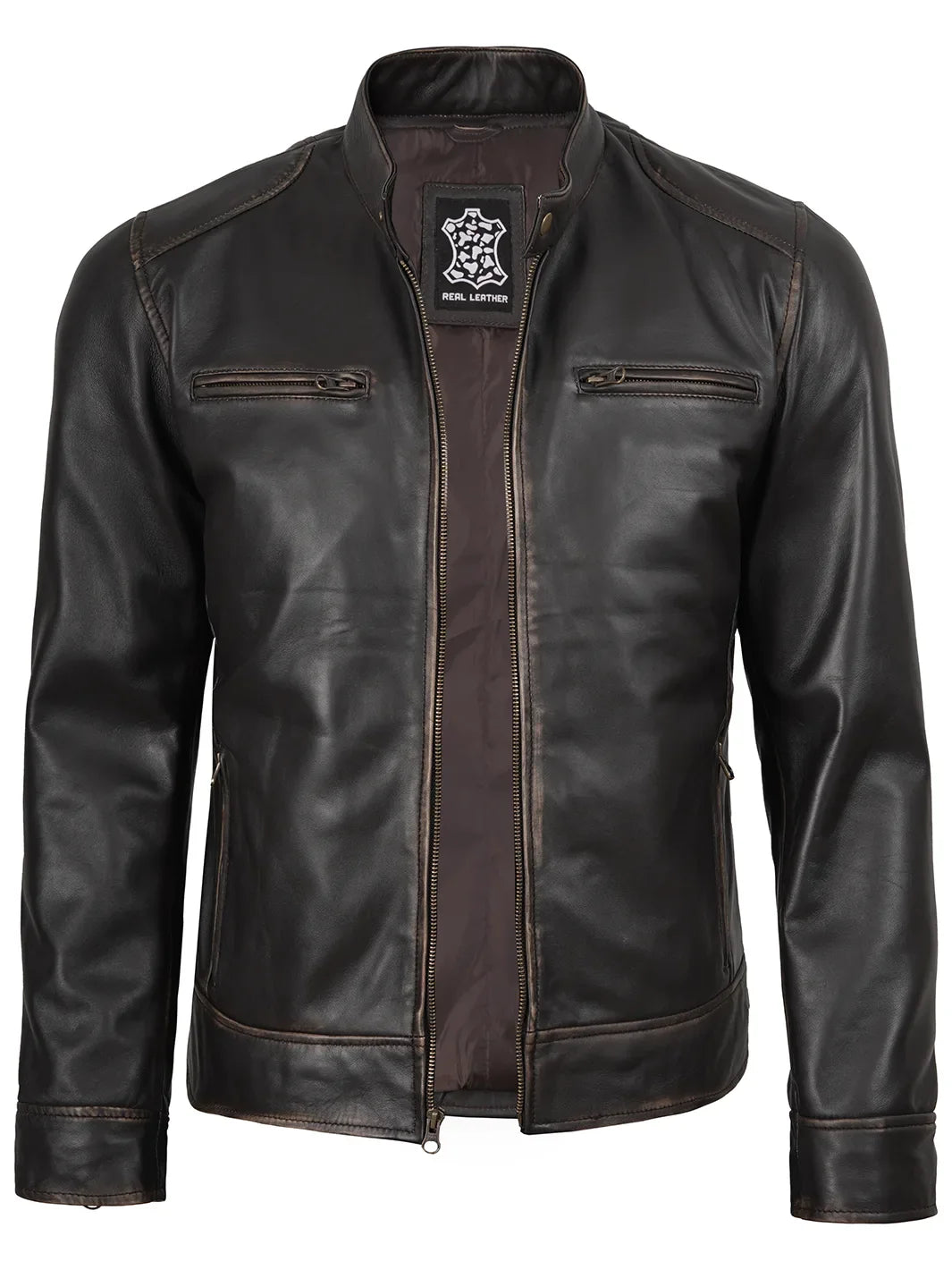 Dodge Men's Rub-Off Dark Brown Cafe Racer Style Leather Jacket