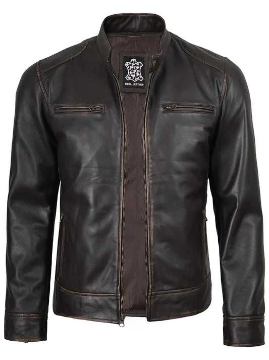 Dodge Men's Rub-Off Dark Brown Cafe Racer Style Leather Jacket