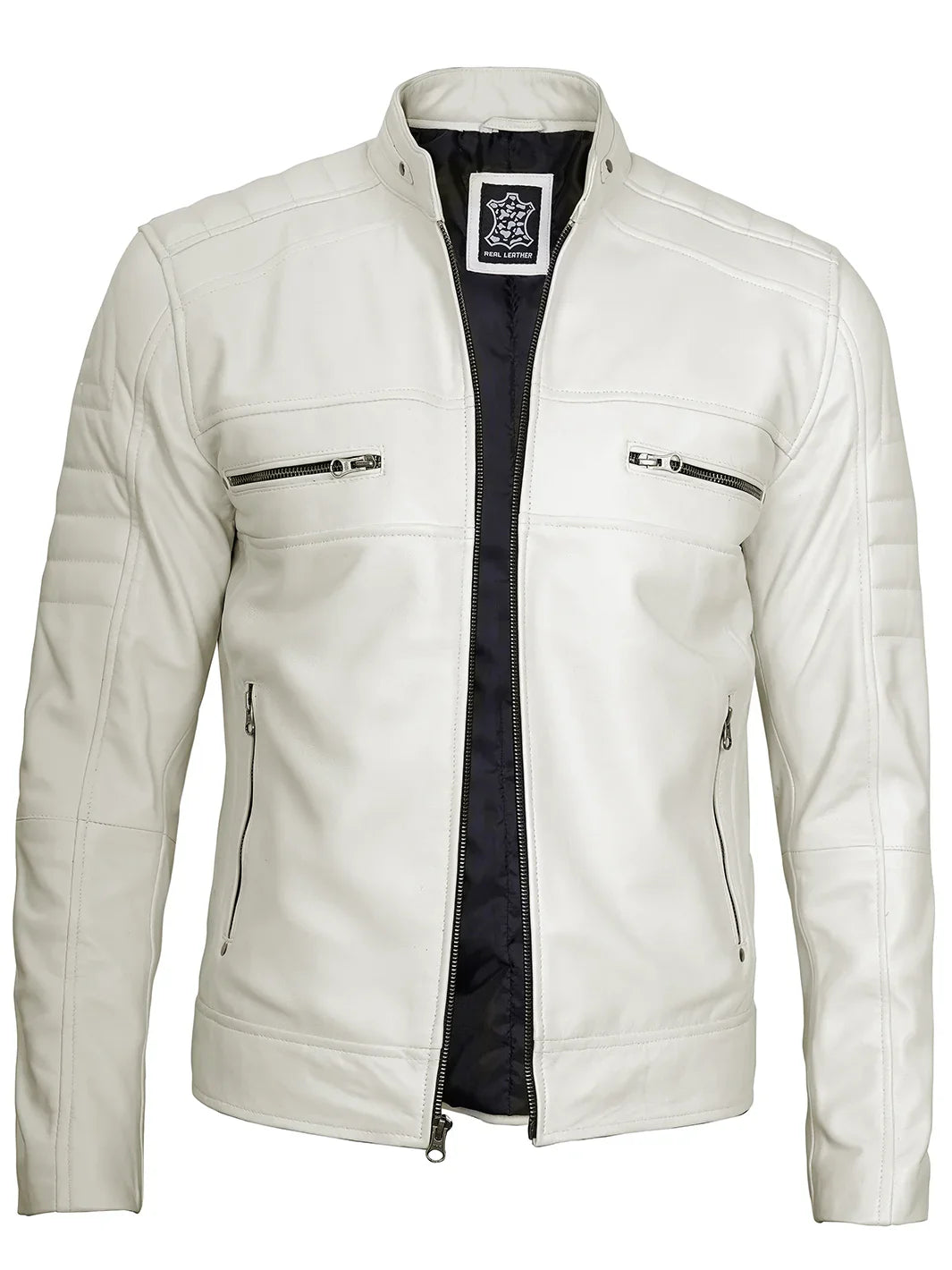 Mens Off White Cafe Racer Real Leather Jacket