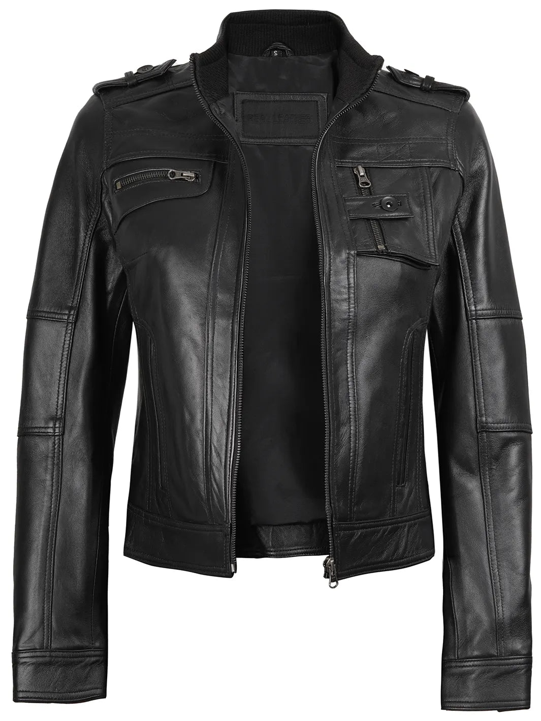 Tavares Womens Black Cafe Racer Style Leather Jacket