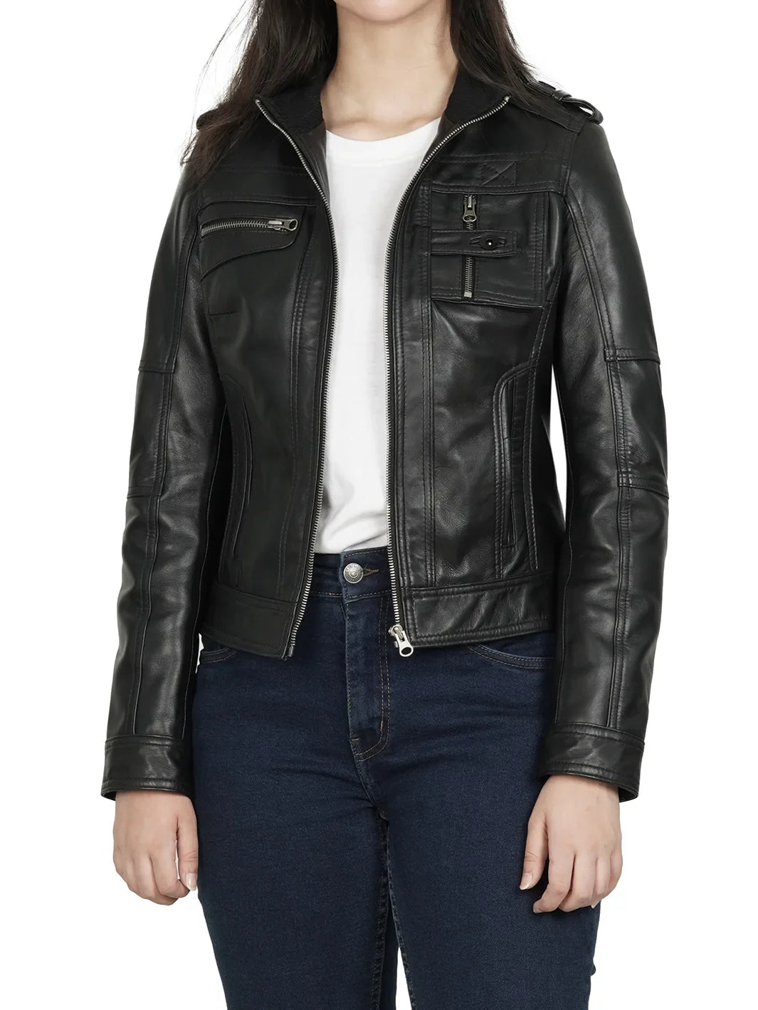 Tavares Womens Black Cafe Racer Style Leather Jacket